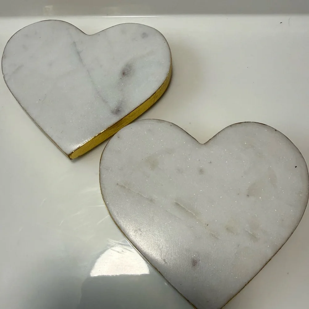 Heart-Shaped Marble Coasters with Gold Trim. (2)